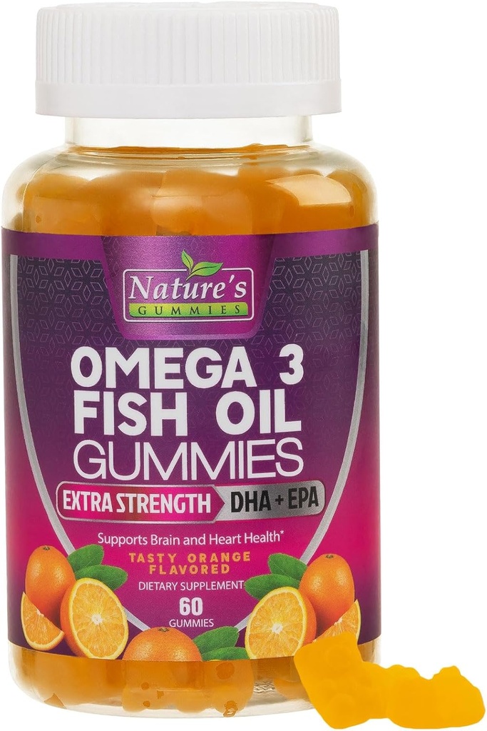 Omega 3 Mangas de aceite de pescado, corazón sano Omega 3 Gummy Suplemento con alta absorción DHA &amp; EPA, Extra Strength Joint & Brain Support, Delicious Orange Flavor Fish Oil Nature's Vitamin - 60 Gummies