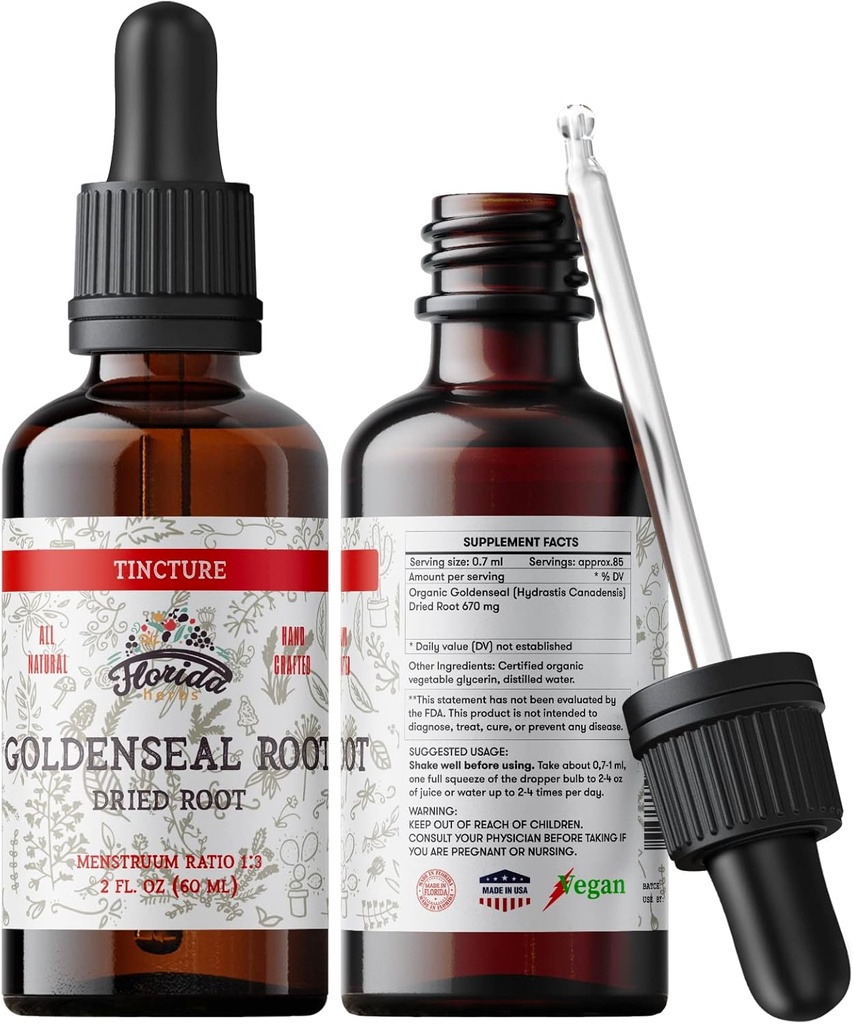 Goldenseal Tintura 2 oz – Extracto Hídrico Orgánico ← Alcohol Gratis Silencio Vegan Herbal Drops - Made in USA