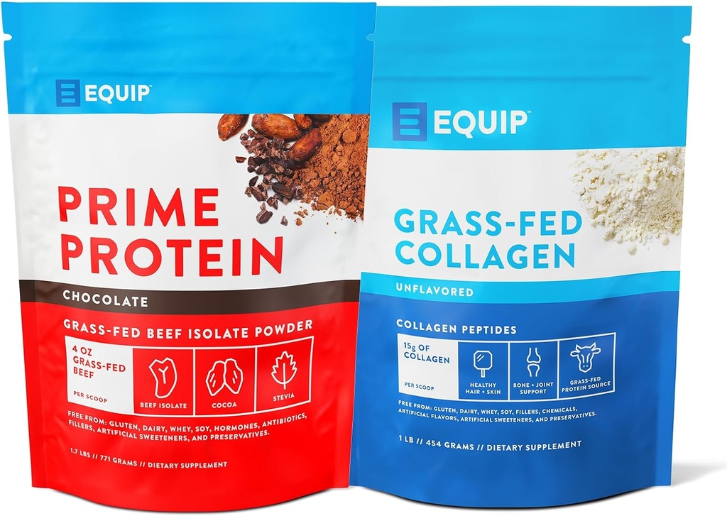 Equip Foods Prime Protein Powder Chocolate " Grass Fed Collagen Powder Unflavored