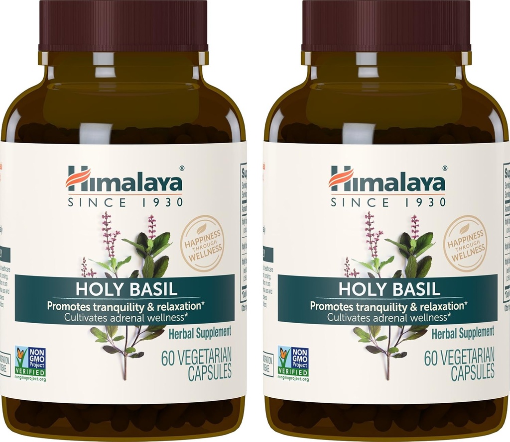 Himalaya Holy Basil, 60 Day Supply - Herbal Adrenal Support for Stress Relief, Relaxation, Energy Support and Occasional Sleeplessness - Vegan, Non-GMO, Gluten Free, 720 mg, 60 cápsulas, Pack of 2