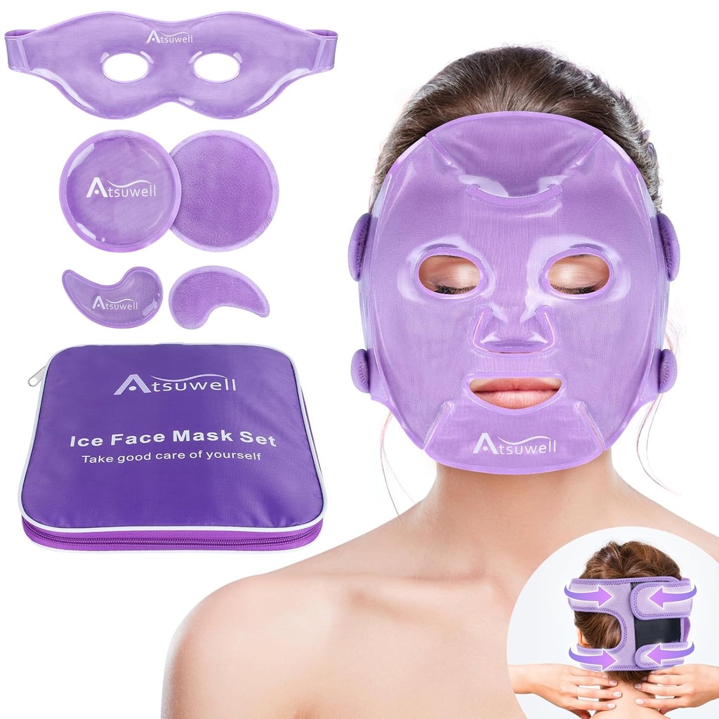 Atsuwell Cooling Ice Face Eye Mask Set for Dark Circles and Puffiness, 6 Gel Cold Packs for Face, Eyes, Soft Plush Lining Ice Pads Cold Compress, Relax, Cool Bag Included
