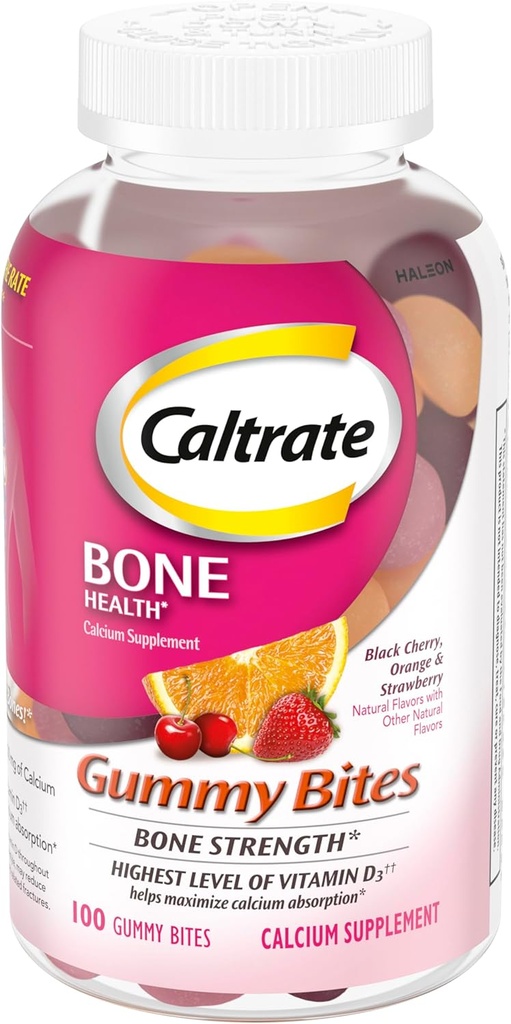 Caltrato Gummy Bites 500 mg Calcio y Vitamina D Suplemento, Cereza Negra, Fresa, Orange - 100 Conde