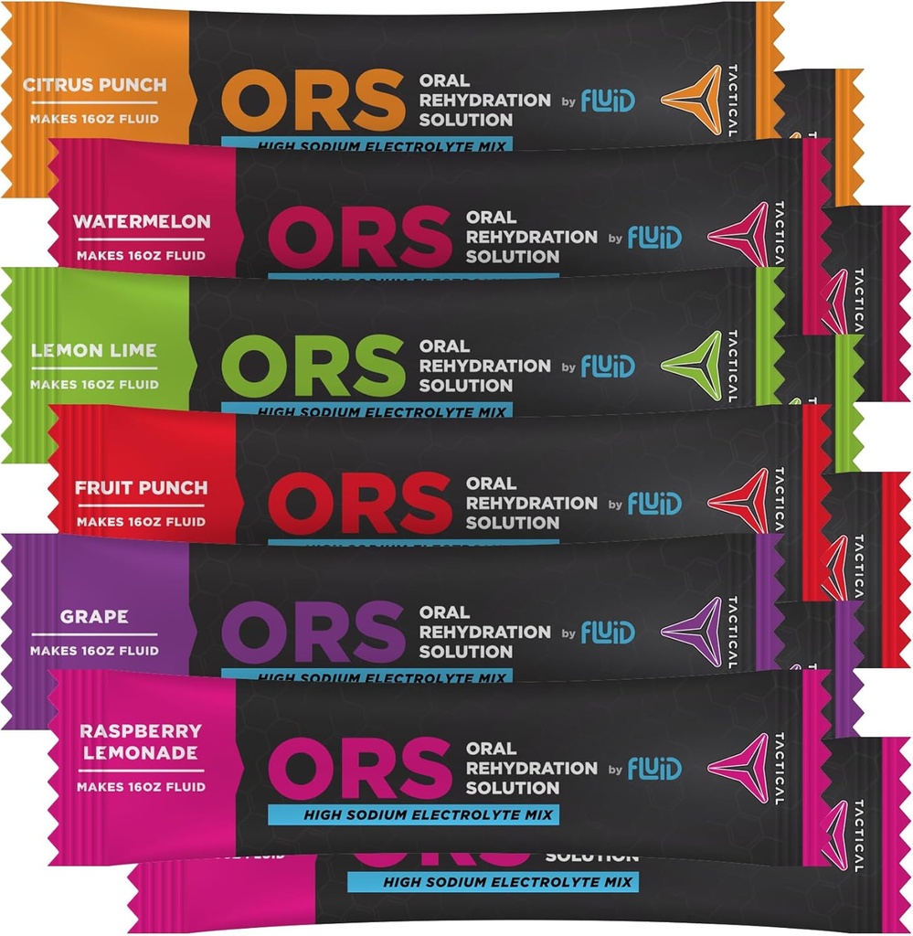 Fluid Tactical - ORS Extreme Dehydration Electrolytes, 6-Flavor Variety Pack | 12 Count Stick Packs