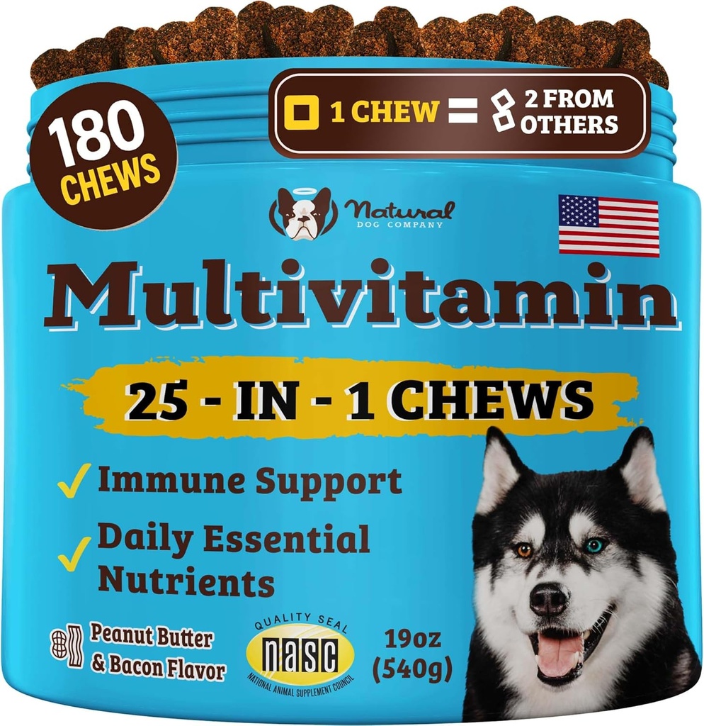 Natural Dog Company 25-in-1 Multivitamina Chews for Dogs – 180 Count Value Pack – Daily Soft Dog Vitamins with Antioxidants, Zinc &amp; Folic Acid – Supports Joints, Skin & Coat, Immune & Heart Health