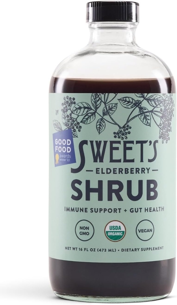 Sweet's Elderberry Organic Shrub ← USDA Orgánica Silencio Digestivo &amp; Inmuno Apoyo Silencio Versatile Beber Vinegar ← Mocktail Mixer ← 16 oz Reciclable Bottle