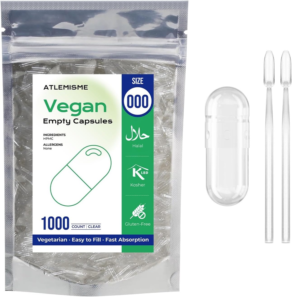 Empty Vegan Capsules Tamaño 000 - Vegan Capsules Empty (1000 Conde) Empty Capsules DIY Vegetable Capsule Filling - Veggie Capsules Empty Caps with 2 Micro Lab Spoons for Capsule Filling