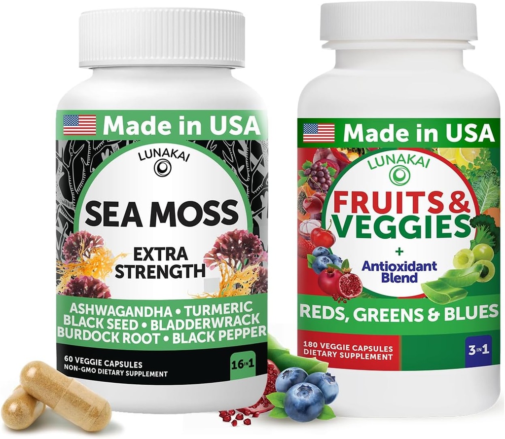 Lunakai EE.UU. hizo Superfood Fruits &amp; Veggies Suplemento " Irish Sea Moss Bundle with 4 Blends, Black Seed Oil " Ashwagandha for Immune " Wellness Support