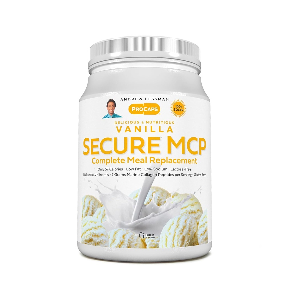 ANDREW LESSMAN Secure MCP Complete Meal Replacement - Vainilla 30 Servings - Sólo 57 Calories, Low-Fat, 7 Grams Marine Collagen Peptides, Promueve la piel radiante Smooth Soft, Juntas cómodas