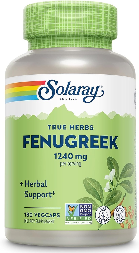 SOLARAY Fenugreek Seed 1240 mg, Healthy Digestion Support and More, Vegan and Lab Verified for Quality, 90 Servings, 180 VegCaps