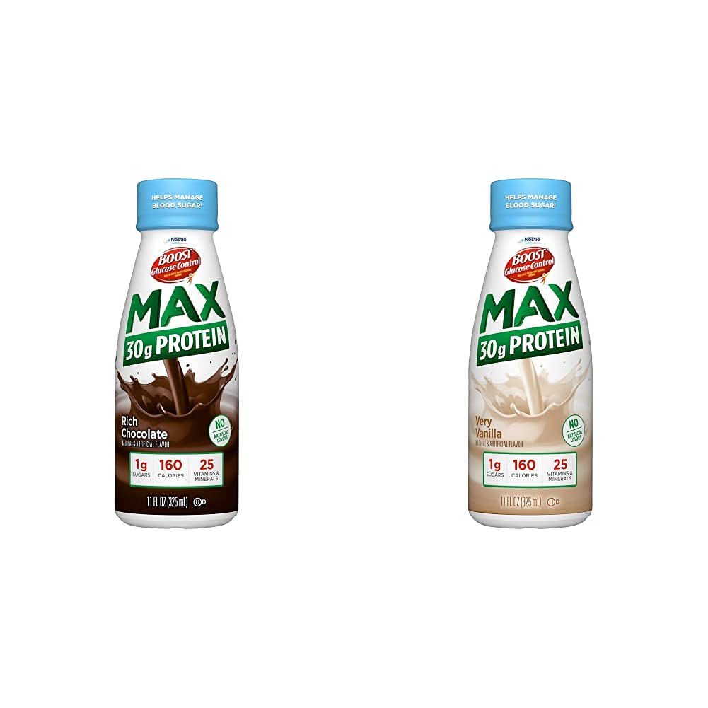 Control de Glucos de BOOST Max 30g Bebida Nutricional Proteína, 12 Chocolate Rico + 12 Very Vanilla (Pack of 24)