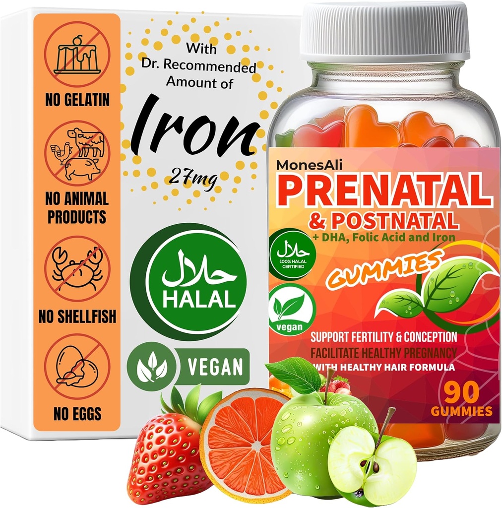 Prenatal Vitamina Gummies for Women TEN " Postnatal TEN Vegan, Halal, Gelatin Libre Silencio con Folate, Iron " Biotin Silencioso, Postpartum Energy " Hair Health
