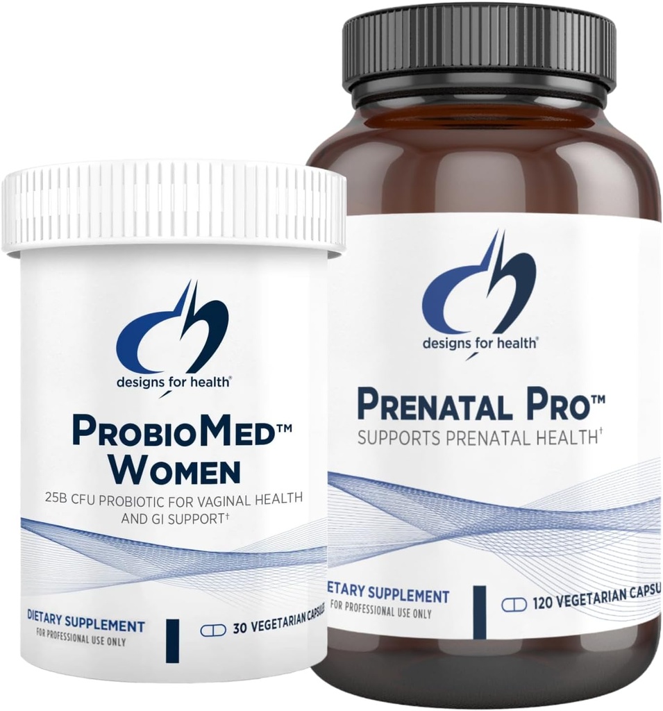 Diseños para la salud Prenatal &amp; Probiotic Bundle - Prenatal Pro (180 cápsulas) Multivitamina prenatal con folato y minerales Chelated " Mujeres ProbioMed (30 cápsulas) Gut Health " Vaginal Probiotic