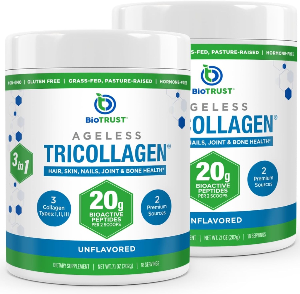 BioTrust Tri Collagen Powder - 3-in-1 Hydrolyzed Collagen Peptides Powder (Types I, II, & III) - Grass Fed Collagen Protein Powder for Anti Aging, Skin, Hair, Bone &amp; Joint Health - Unflavored, 2-Pack