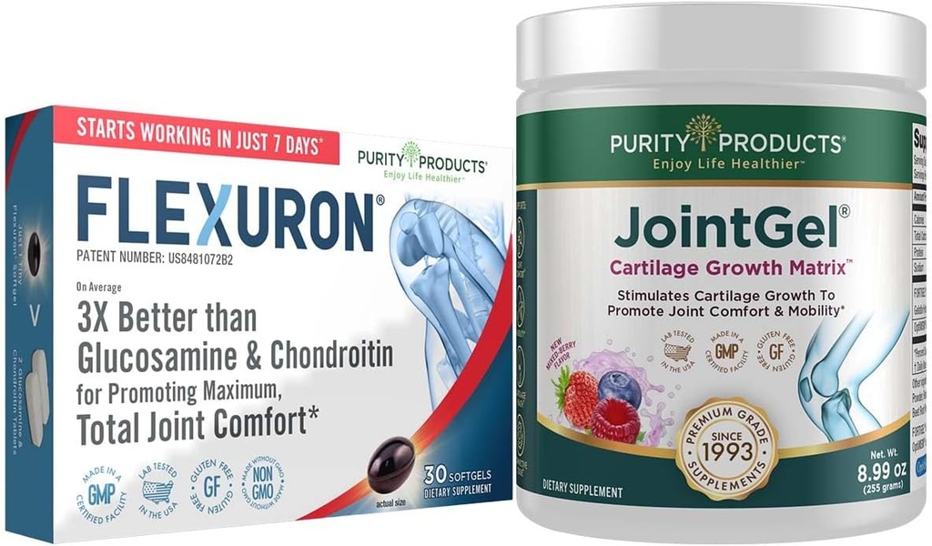 Purity Products Flexuron Joint Fórmula + Joint Gel Flexuron (Krill Oil, Low Molecular Weight Hyaluronic Acid, Astaxanthin) - Joint Gel Berry Powder (Bioactive Collagen Peptides + MSM)