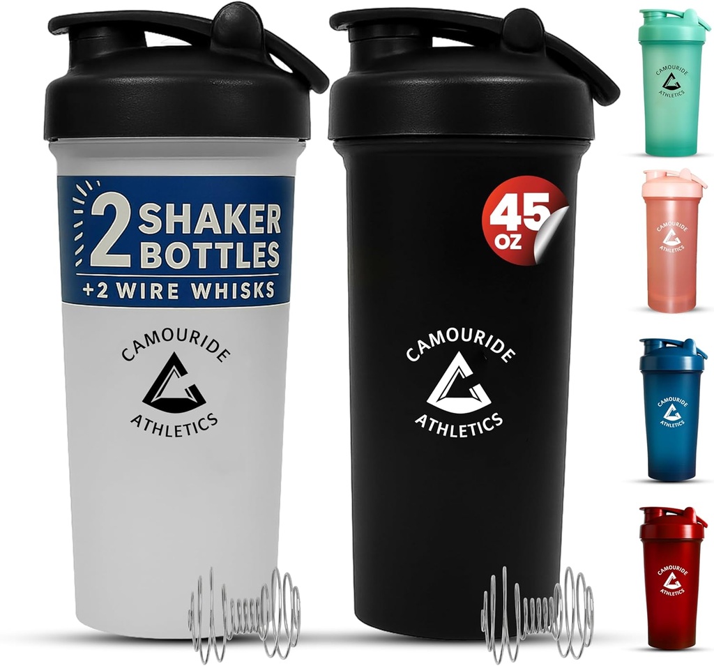 2 Pack 45 oz Protein Shaker Botellas con Wire Whisk – BPA-Free, Leak-Proof Shaker Cups for Protein Shakes &amp; Smoothies – Grande mezclador de plástico Bottle – Classic White &amp; Midnight Black