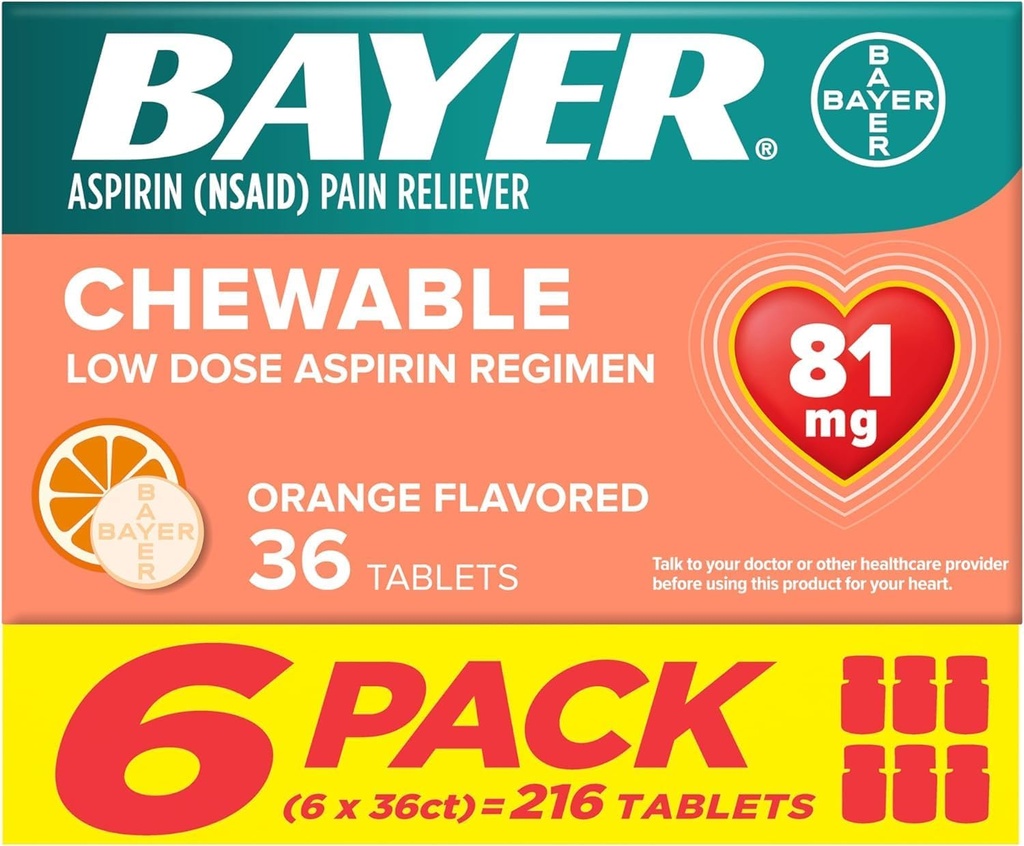 Bayer Aspirin Low Dose 81 mg Chewable Tablets, Pain Reliever, Orange Flavored, 216 Tablets (6 Pack)