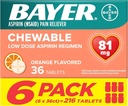 Bayer Aspirin Low Dose 81 mg Chewable Tablets, Pain Reliever, Orange Flavored, 216 Tablets (6 Pack)