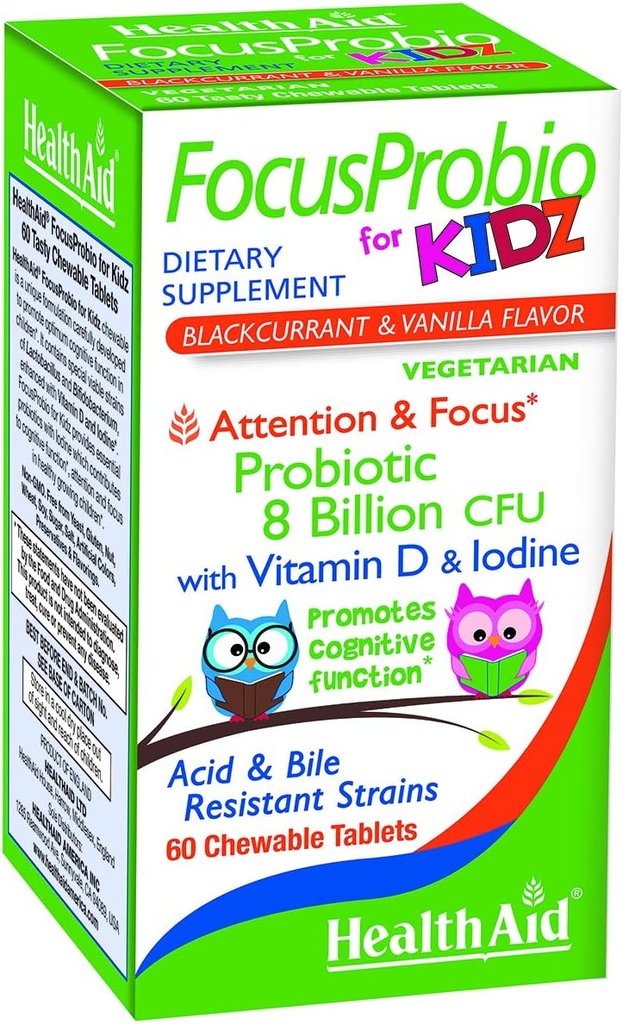 FocusProbio para Kidz, 60 Tablets Chewable, soporta la función cognitiva para la atención y el foco. Blackcurrant and Vanilla Flavor, Contiene Vitamina D & Iodine. Acid " Bile Resistant Strains. Vegetariano