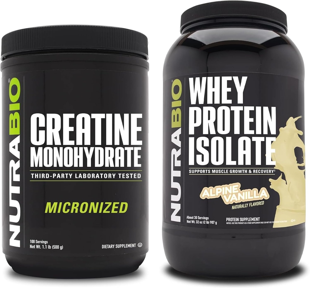 NutraBio Monohidrato de Creatina, Desflavorado, 500g y Whey Protein Isolate, Alpine Vanilla, Suplemento Bundle - Muscle Energy, Lean Muscle Growth, Recovery, and Strength