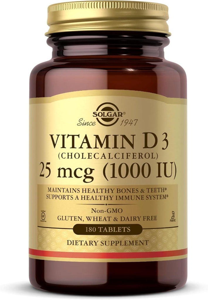 Solgar Vitamina D3 (Cholecalciferol) 25 mcg (1000 UI) – 180 Tabletas - Ayuda a mantener los huesos saludables " dientes - Apoyo al sistema inmunológico - No GMO, Gluten Gratis, Dairy Free, Kosher - 180 Servimientos