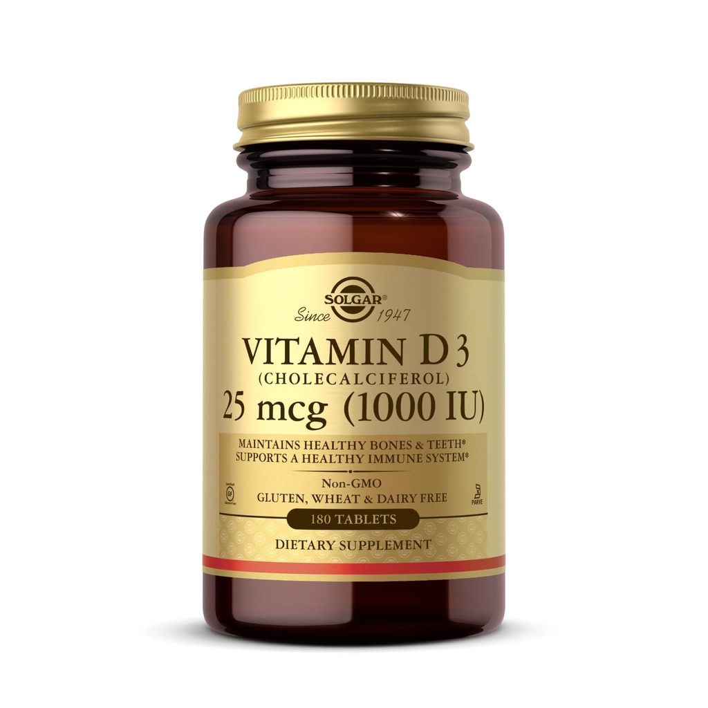 Solgar Vitamina D3 (Cholecalciferol) 25 mcg (1000 UI) – 180 Tabletas - Ayuda a mantener los huesos saludables " dientes - Apoyo al sistema inmunológico - No GMO, Gluten Gratis, Dairy Free, Kosher - 180 Servimientos