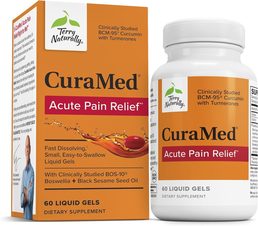 Terry Naturalmente CuraMed Agudo Dolor Alivio - Suplemento con BCM-95 Curcumin &amp; BOS-10 Boswellia - Black Sesame Semilla Aceite para Apoyar Alivio de la Incomodidad Ocasional - 60 Gels Líquidos