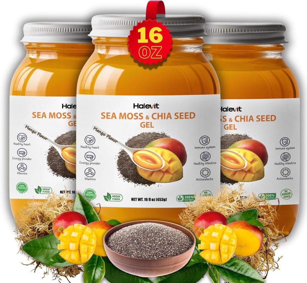 Mar Moss Gel con Semillas de Chia, Mar Moss Gel Orgánico Raw – Fuente de Iodo Natural, Omega-3, Immune &amp; Digestive Support, Vegan Superfood, Mango Flavor, Made in USA, 16 oz
