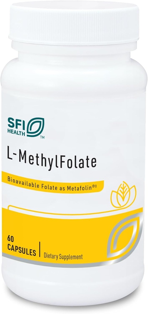 Klaire Labs SFI Health L-Methylfolate - 1000 mcg Folate Highly Bioavailable, Hipoallergenic 1000 Micrograms (1 Milligram) Metafolin L-5-MTHF (60 cápsulas)