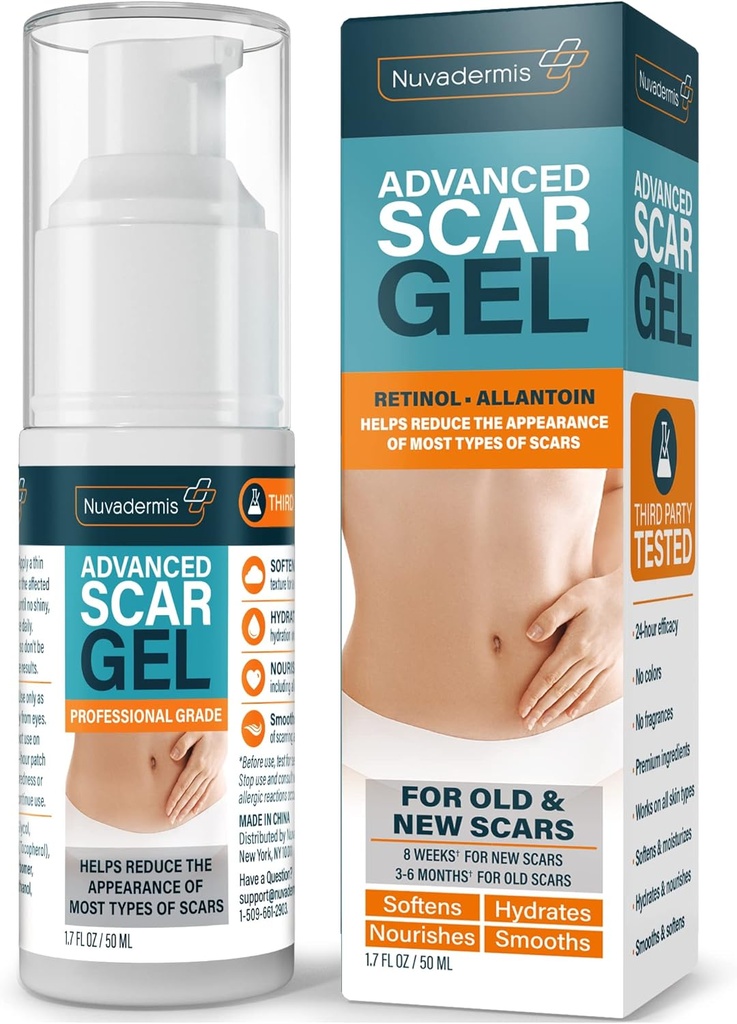 NUVADERMIS Silicone Scar Gel - 1.7 Fl Oz, Transparent Gel - Retinol & Vitamin E Formula for Surgical Scars - C-Section, Tummy Tuck & Keloid Care