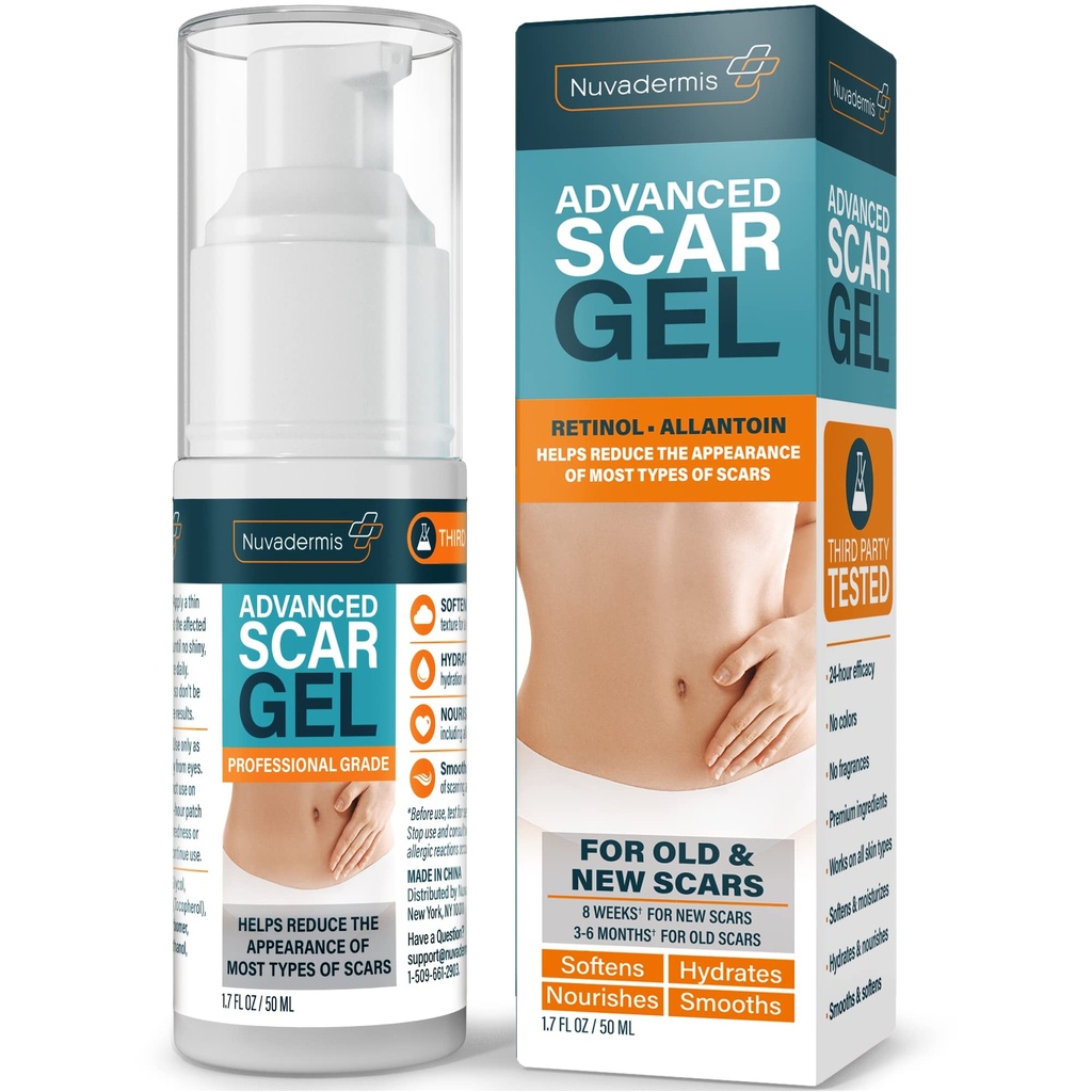 NUVADERMIS Silicone Scar Gel - 1.7 Fl Oz, Transparent Gel - Retinol &amp; Vitamina E Formula for Surgical Scars - C-Sección, Tummy Tuck &amp; Keloid Care