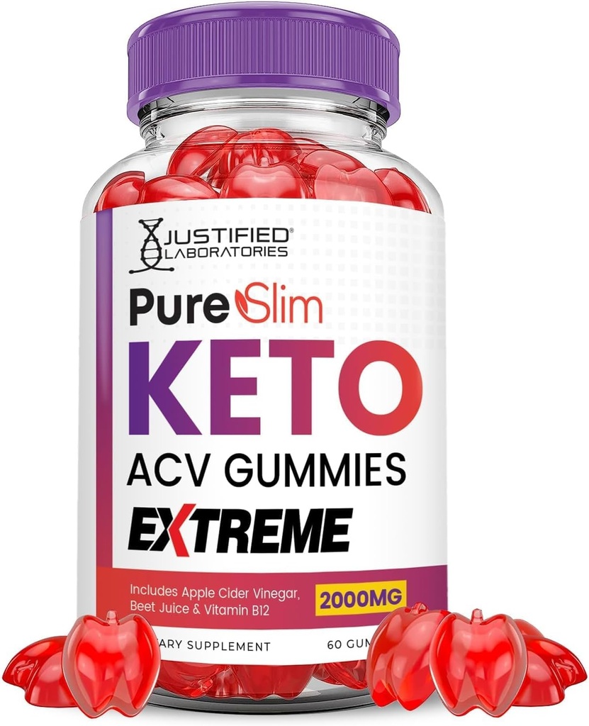 Justified Laboratories Pure Slim Keto ACV Gummies Extreme 2000MG PureSlim Keto Gummies Advanced Formula Apple Cider Vinegar with Pomegranate Beet Juice Powder B12 Vegan Non GMO 60 Gummys