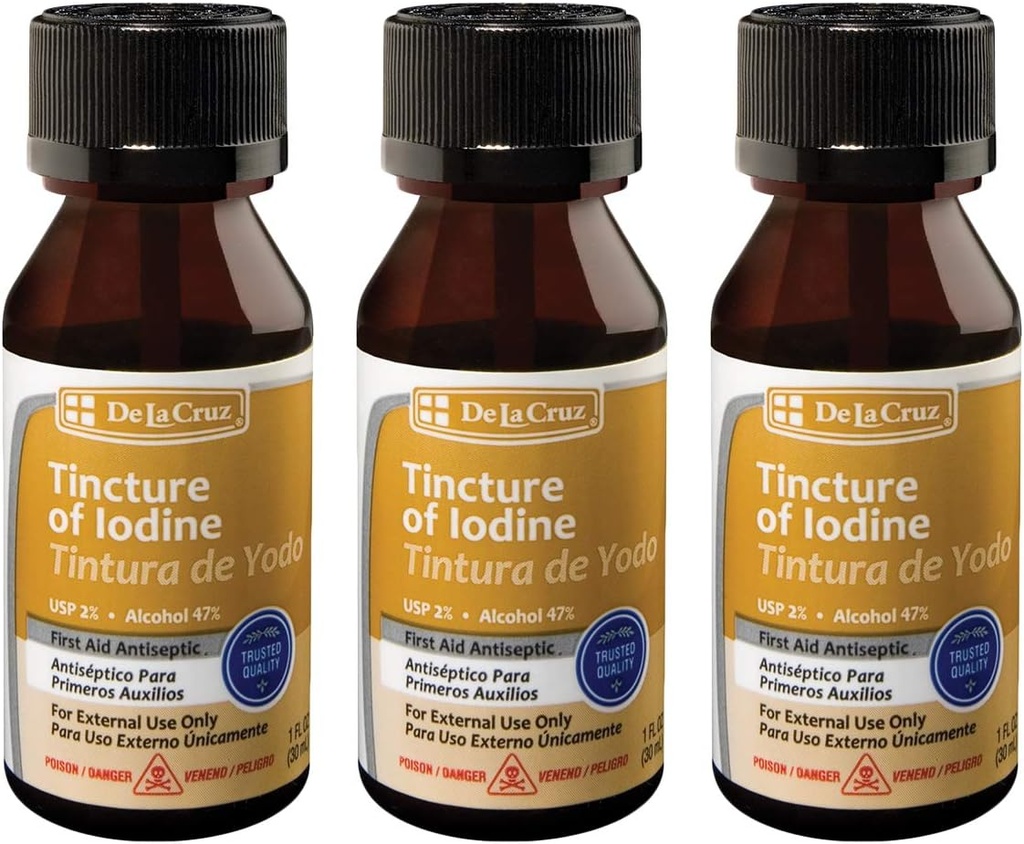 De La Cruz 2% Iodine First Aid Antiseptic, Made in USA 1 FL OZ (3 Botellas)