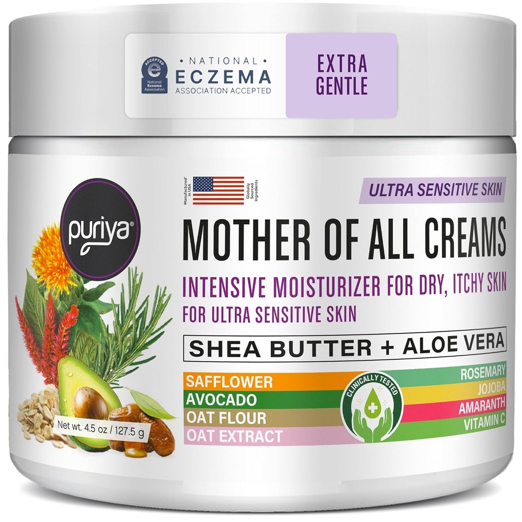 Puriya National Eczema Association Aceptado Crema 4.5 oz, Dry Itchy Skin Relief, Colloidal Oatmeal Lotion, Para Niños, Adultos, Cara, Manos, Madre de todas las Cremas, Hidratación de base vegetal,No Fragancia Añadido