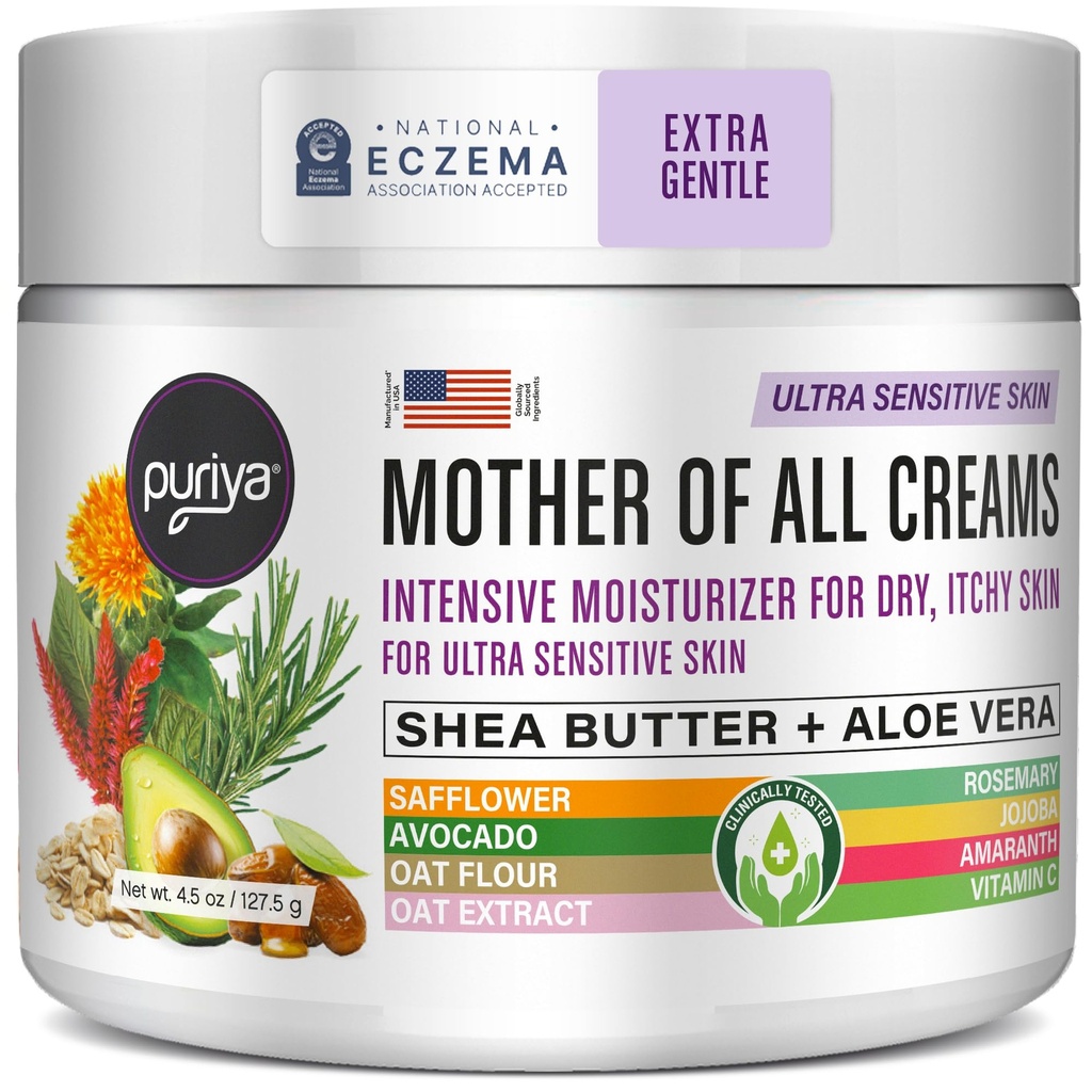 Puriya National Eczema Association Aceptado Crema 4.5 oz, Dry Itchy Skin Relief, Colloidal Oatmeal Lotion, Para Niños, Adultos, Cara, Manos, Madre de todas las Cremas, Hidratación de base vegetal,No Fragancia Añadido