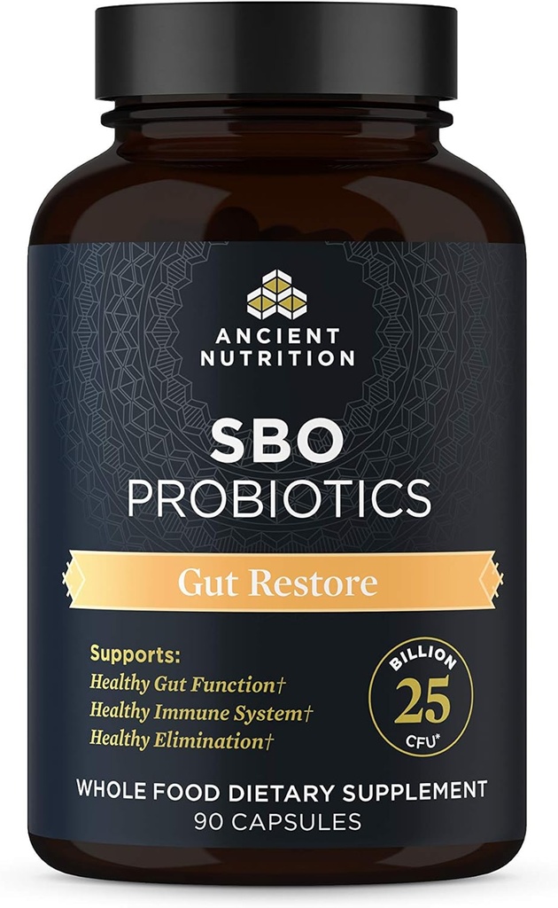 Probióticos de nutrición antiguos, SBO Probióticos Gut Restore 90 Ct, promueve Gut Health, Digestive e Immune Support, Gluten Free, Superfoods Blend, 25 Billion CFUs* Por Serving, 90 cápsulas