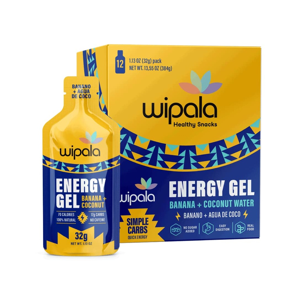 Wipala Energy Gel, Banana Coconut, 12 Pack - Caffeine Free, Certified Vegan, Non GMO - Clean Energy For Endurance Ejercicio, Running &amp; Performance