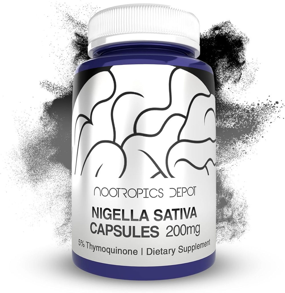 Nootropics Depot Nigella Sativa Extract Capsules TENIDO 200mg TENIDO 60 Conde TENIDO Mínimo 5% Contenido de Timoquinona TENIDO Aceite de Semillas Negras Extracto TENIDO Apoyo Memoria, Hígado, Cerebro y Función Inmunitaria