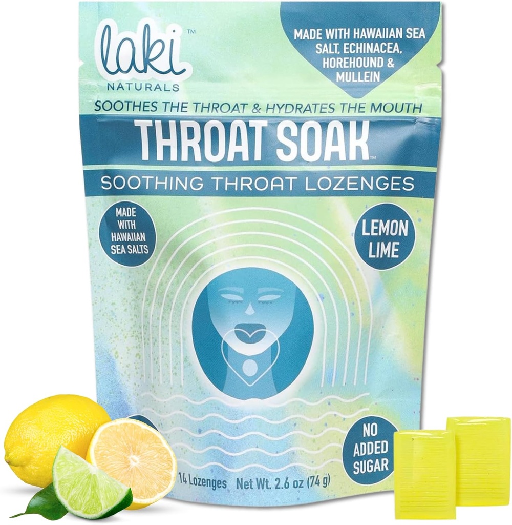 Laki Naturals Throat Soak Herbal Throat Lozenges (14 Ct) – Hawaiian Sea Salt Sore Throat &amp; Dry Mouth Soothing Drops – Vegan, Non-GMO, Sugar-Free &amp; Gluten-Free Sweet and Salty Herbal Candies