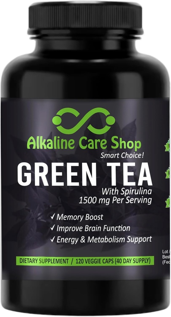 Cuidado alcalino - Té verde con Spirulina Extracto 1500mg - Alta Absorción Ultra Potente Suplemento té verde con Spirulina - Té verde para energía y metabolismo Capsules de apoyo - 120 cápsulas