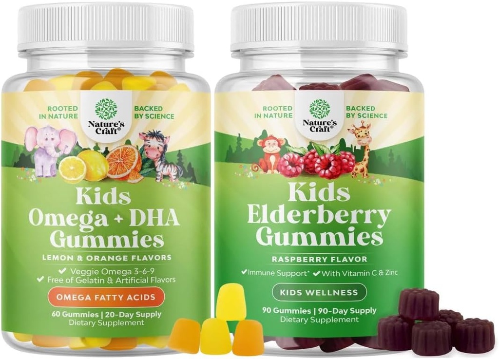 Bundle of Kids DHA Omega 3 Gummies - Fatty Acids Omega 3 6 9 para Brain Immune Strength & Vision - Nutritional DHA and Sambucus Elderberry Gummies for Kids Health - Zinc &amp; Vitamin C for Immune Support