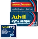 Doble acción Advil con acetaminofén e Ibuprofeno (2 Dose Equivalent) Por 8 horas de alivio de dolor, Coated 144 Ct Caplets y 2 Ct. Muestra de Advil PM
