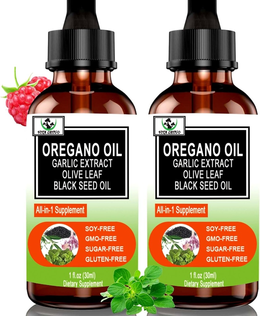 (2 Pack) Aceite Orgánica de orégano con aceite de semilla negra para inmune, soporte digestivo " antioxidante, w / ajordalina Apoyo estacional 6X Absorción gotas de orégano líquido