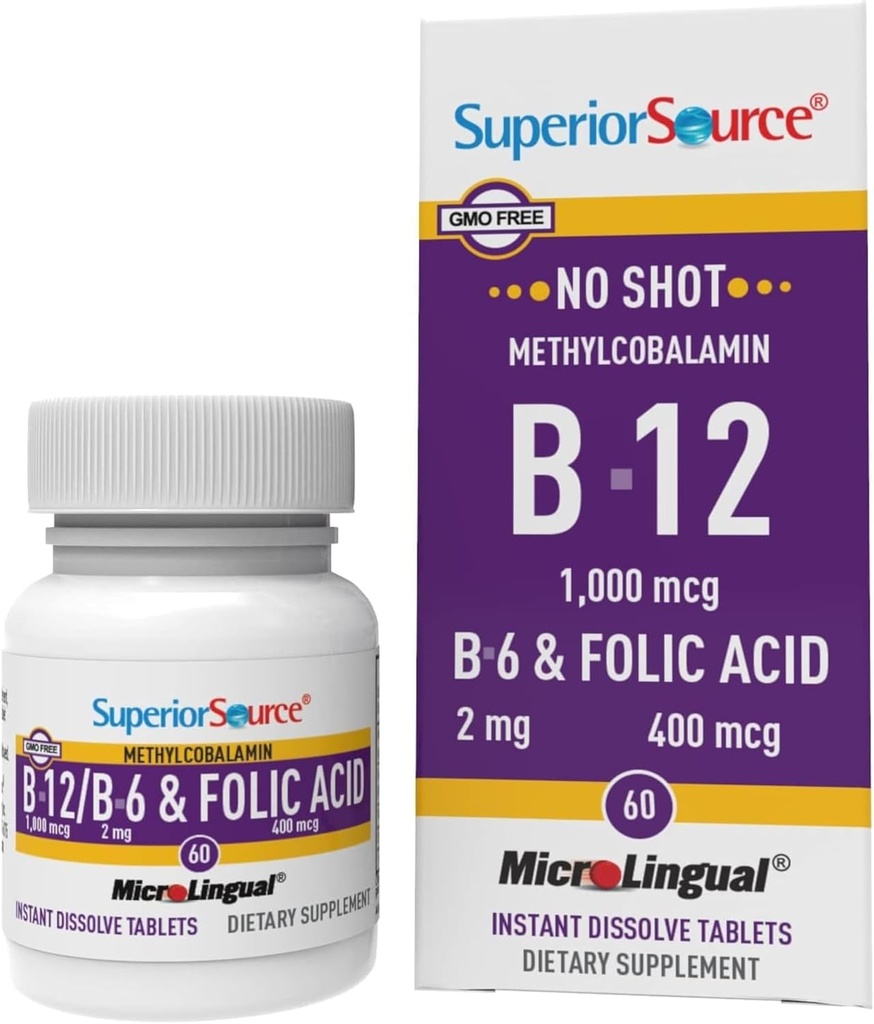Fuente Superior No Shot Vitamin B-12 Methylcobalamin 1000 mcg, B-6 &amp; Folic Acid 400 mcg - Apoyo Cerebro & Corazón Salud - Ayudas Niveles de Energía Natural - 60 Tablas de Dissolación Sublingual
