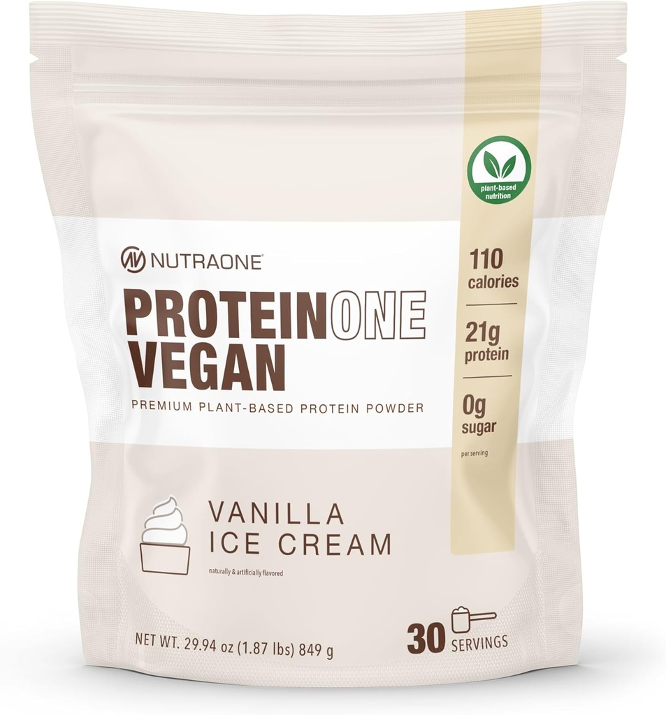 NutraOne ProteinOne Pólvora de proteínas vegana de base vegetal, libre de lácteos, guisante de guisantes y arroz (crema de hielo de vainilla)