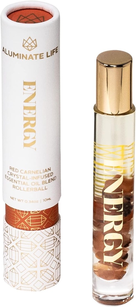 Rollerballs de aceite esenciales, .34 OZ, Energía - Cristal Carneliano Rojo infundido - aromas de limón, pomelo, " Bergamota - Rollo de aromaterapia sobre aceites, cuidado de la piel, masajes