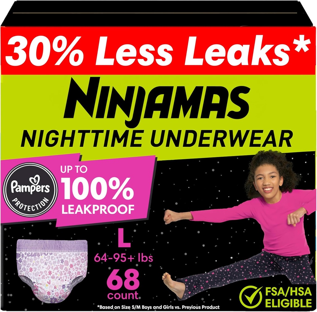 Ninjamas Niñas Bedwetting Ropa interior nocturna, Pantalones Pull Ups Tamaño L (64-95+ lbs), 68 Conde, Ropa interior de la noche Niños, Ultra Absorbent, Hypoallergenic
