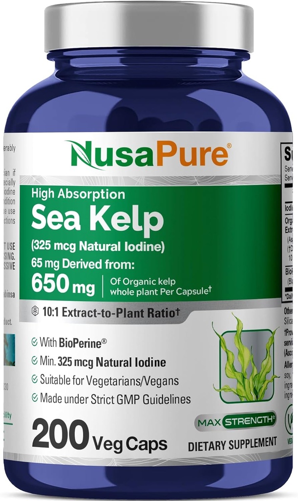 NusaPure Sea Kelp Natural Iodine 325mcg 10:1 Extracto, 65 mg Equivalente a 650 mg Cápsula 200 Cuenta (No-GMO, Vegan)