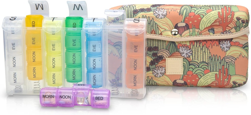 Fabricado Easy Kit Pill Case Large 7-Day / 28 Compartimientos en Neoprene Carrier con Caja de Pill de Almacenamiento en Daily in Morn, NOON, EVE, Bed a Weekly Vitamin, Medicine, Capsule Organization (Khaki Desert Cactus)