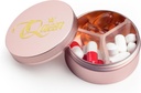 Caja pequeña de pill 3 Compartimientos, Caja de pill redondeada de metal, Organizador a prueba de agua, Pocket Purse Medicine Vitamin Holder EDC Container (Rose Gold with Queen)