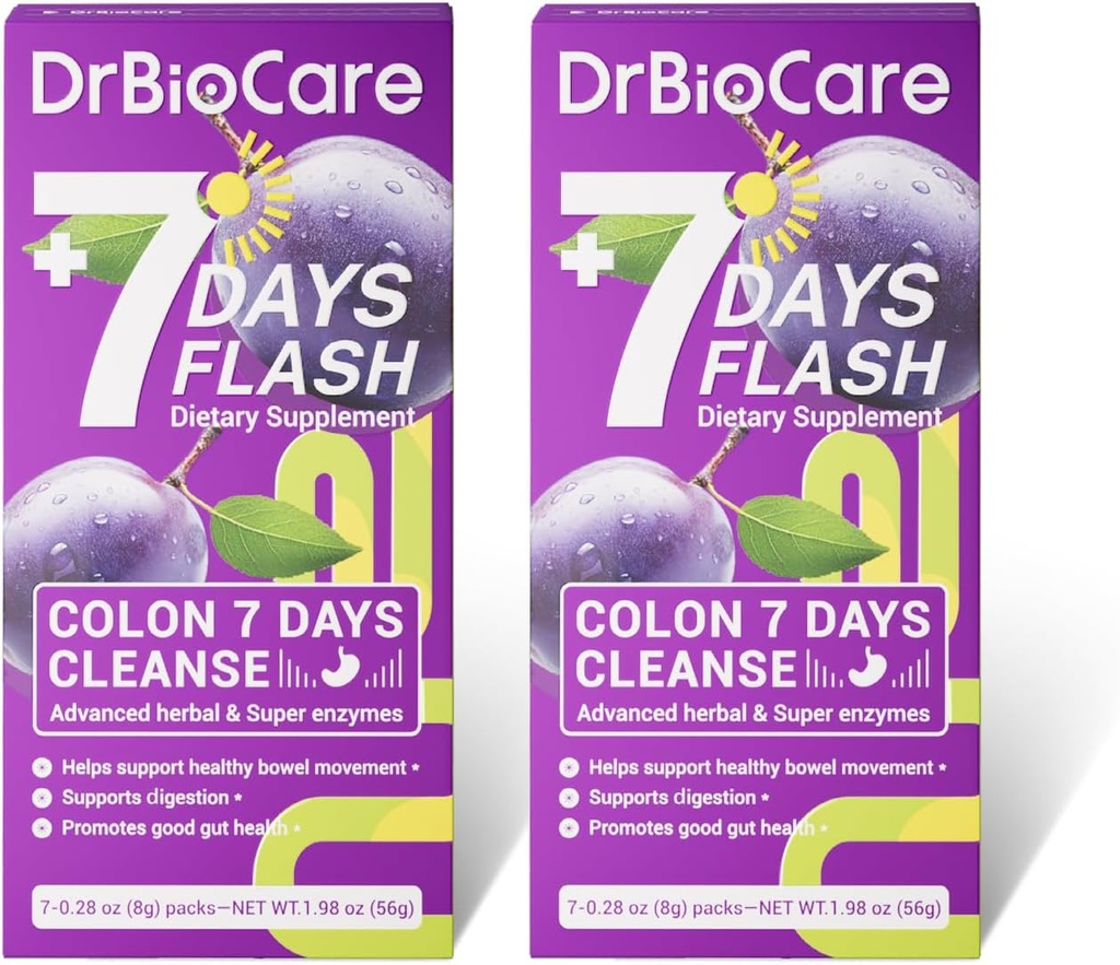 DrBioCare Colon 7 Days Cleanse, 7 Days Flash, Colon Cleanse, Detox &amp; Digestive Support, Prune Flavor - 14 Packs